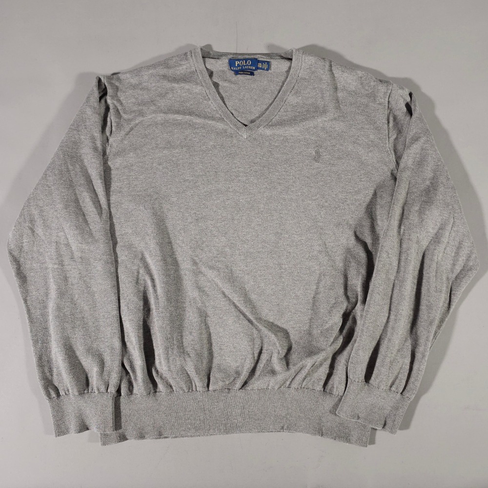 Polo Ralph Lauren Sweater Mens XXL Gray Pima Cotton V-Neck Pony Logo
